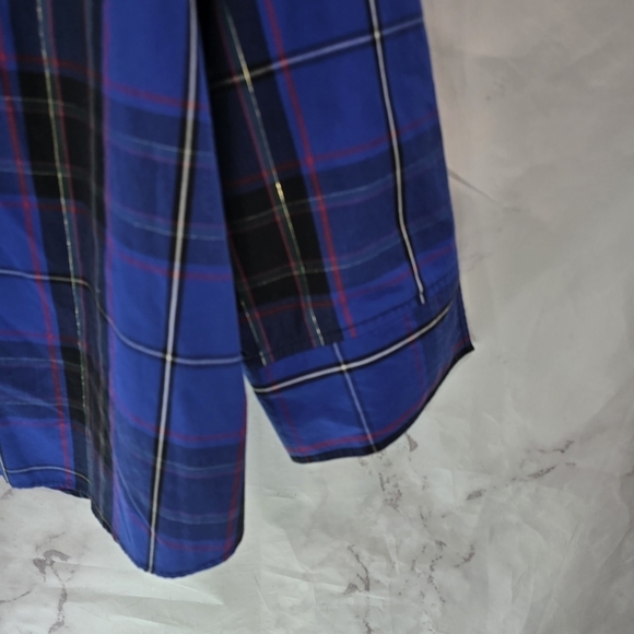 Foxcroft Shirt Women 18W Blue Black Gold Scotch Button Wrinkle Free Shaped Cuff - Picture 4 of 13